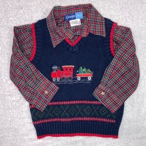 Great guy Christmas train knit vest and plaid shirt set 24m